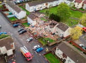 Aerial view of the devastation cause by an explosion on Kincaidston Drive Ayr, Scotland.  October 19, 2021.
