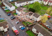 Aerial view of the devastation cause by an explosion on Kincaidston Drive Ayr, Scotland.  October 19, 2021.