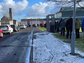 The long queue outside the vaccine centre in Templehall, Kirkcaldy (Pic: Karen Anderson)