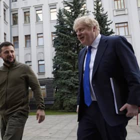 Handout photo issued by the Ukrainian Presidential Press Office of Prime Minister Boris Johnson (right) meeting Ukrainian President Volodymyr Zelensky in Kyiv, Ukraine. Picture date: Saturday April 9, 2022.