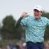 Bob MacIntyre  celebrates after becoming the first home plauer in 25 years to win the Genesis Scottish Open at The Renaissance Club. Picture: Andrew Redington/Getty Images.