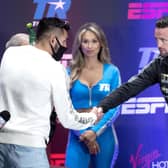 WBC/WBO champion Jose Ramirez, left, and WBA/IBF champion Josh Taylor shake hands at the Virgin Hotels Resort in Las Vegas, scene of their world title unification fight. Picture: Steve Marcus/Las Vegas Sun via AP