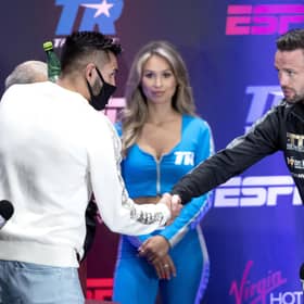 WBC/WBO champion Jose Ramirez, left, and WBA/IBF champion Josh Taylor shake hands at the Virgin Hotels Resort in Las Vegas, scene of their world title unification fight. Picture: Steve Marcus/Las Vegas Sun via AP