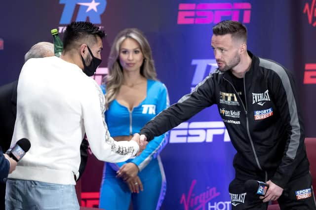 WBC/WBO champion Jose Ramirez, left, and WBA/IBF champion Josh Taylor shake hands at the Virgin Hotels Resort in Las Vegas, scene of their world title unification fight. Picture: Steve Marcus/Las Vegas Sun via AP