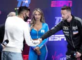 WBC/WBO champion Jose Ramirez, left, and WBA/IBF champion Josh Taylor shake hands at the Virgin Hotels Resort in Las Vegas, scene of their world title unification fight. Picture: Steve Marcus/Las Vegas Sun via AP