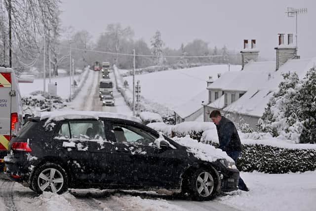 Snow caused problems at Balfron in the Stirling council area today. PIcture: Jeff J Mitchell/Getty Images