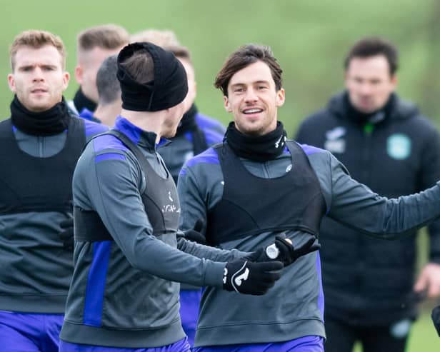 Joe Newell training with Hibs teammates yesterday  (Photo by Mark Scates / SNS Group)