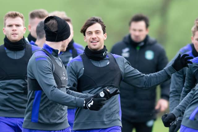 Joe Newell training with Hibs teammates yesterday  (Photo by Mark Scates / SNS Group)
