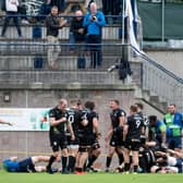 Southern Knights players celebrate a second half try in the win over Boroughmuir Bears at Meggatland. (Photo by Mark Scates / SNS Group)