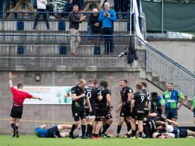 Southern Knights players celebrate a second half try in the win over Boroughmuir Bears at Meggatland. (Photo by Mark Scates / SNS Group)