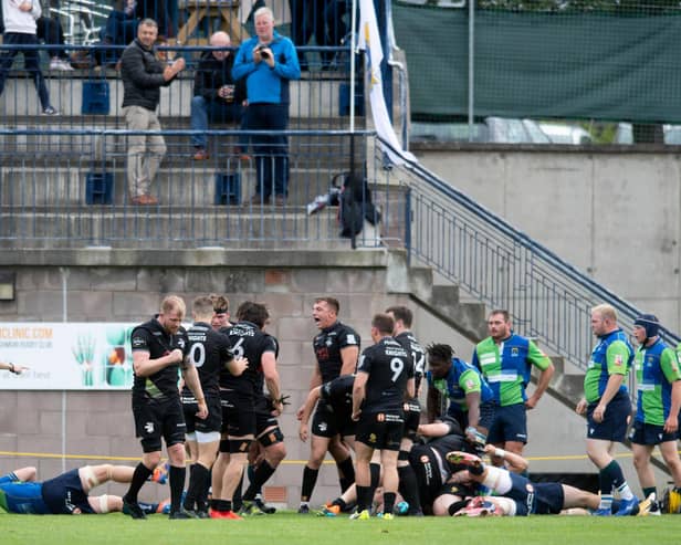 Southern Knights players celebrate a second half try in the win over Boroughmuir Bears at Meggatland. (Photo by Mark Scates / SNS Group)