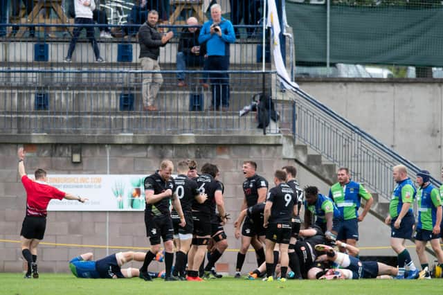 Southern Knights players celebrate a second half try in the win over Boroughmuir Bears at Meggatland. (Photo by Mark Scates / SNS Group)