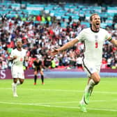 Harry Kane of England celebrates after scoring their side's second goal during the UEFA Euro 2020 Championship Round of 16 match between England and Germany at Wembley Stadium on June 29, 2021 in London, England. (Photo by Catherine Ivill/Getty Images)