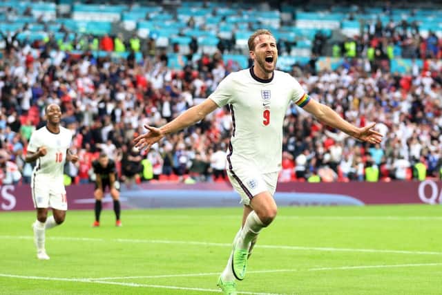 Harry Kane of England celebrates after scoring their side's second goal during the UEFA Euro 2020 Championship Round of 16 match between England and Germany at Wembley Stadium on June 29, 2021 in London, England. (Photo by Catherine Ivill/Getty Images)