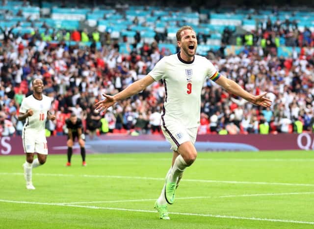Harry Kane of England celebrates after scoring their side's second goal during the UEFA Euro 2020 Championship Round of 16 match between England and Germany at Wembley Stadium on June 29, 2021 in London, England. (Photo by Catherine Ivill/Getty Images)