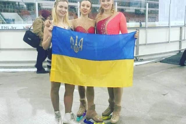 Alyona Shevchenko, Anastasiia Olkhova and Daria Yakovenko at a previous competition before the war.