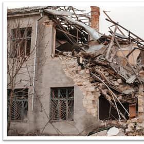 A damaged building in eastern Ukraine.