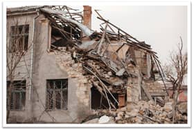 A damaged building in eastern Ukraine.