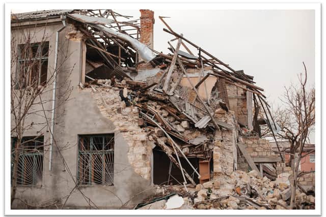 A damaged building in eastern Ukraine.