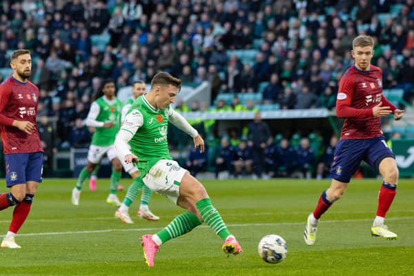 Josh Campbell scores the Hibs goal that earned a 1-0 win over Kilmarnock. (Photo by Mark Scates / SNS Group)