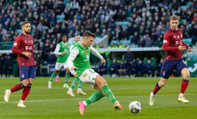 Josh Campbell scores the Hibs goal that earned a 1-0 win over Kilmarnock. (Photo by Mark Scates / SNS Group)