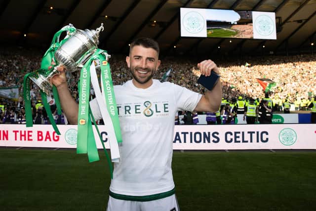 Celtic's Greg Taylor with the Scottish Cup trophy after the 3-1 win over Inverness at Hampden. (Photo by Craig Williamson / SNS Group)