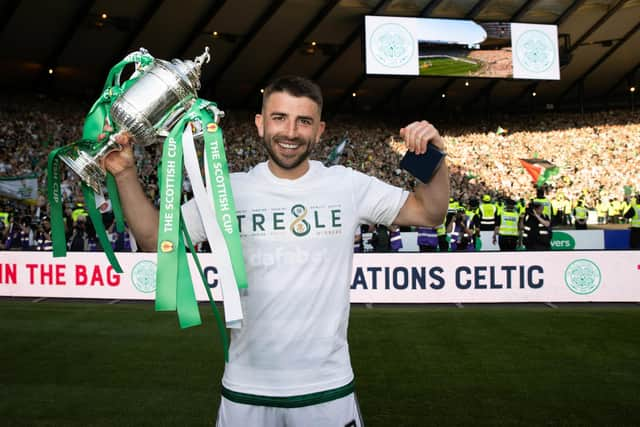 Celtic's Greg Taylor with the Scottish Cup trophy after the 3-1 win over Inverness at Hampden. (Photo by Craig Williamson / SNS Group)