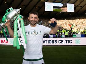 Celtic's Greg Taylor with the Scottish Cup trophy after the 3-1 win over Inverness at Hampden. (Photo by Craig Williamson / SNS Group)