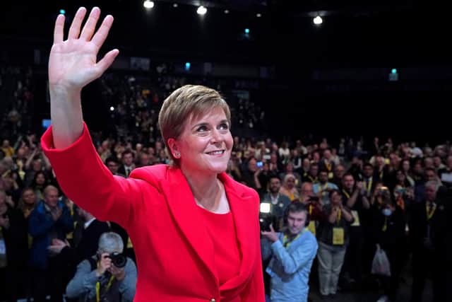 First Minister Nicola Sturgeon delivers her keynote speech during the SNP conference at The Event Complex Aberdeen (TECA) in Aberdeen, Scotland. Picture date: Monday October 10, 2022. PA Photo. See PA story POLITICS SNP. Photo credit should read: Andrew Milligan/PA Wire