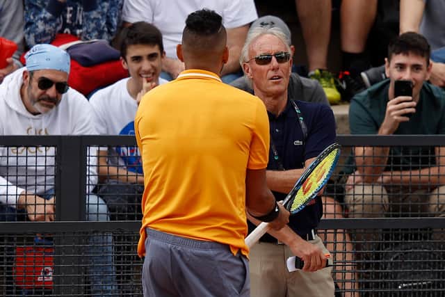 Nick Kyrgios of Australia argues with Tournament Umpire Gerry Armstrong in his Men's Singles Round of 32 match against Casper Ruud of Norway during Day Five of the International BNL d'Italia at Foro Italico on May 16, 2019.