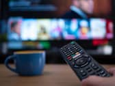 Netflix remote control with TV behind in evening with Netflix menu (Shutterstock)