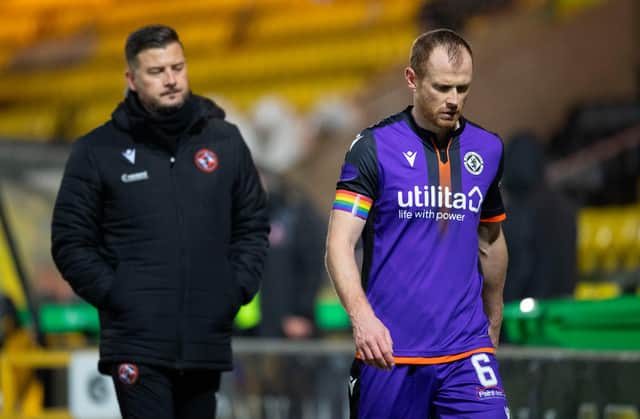 LIVINGSTON, SCOTLAND - DECEMBER 05: Dundee United's Mark Reynolds (R) and coach Thomas Courts at full time during the Scottish Premiership match between Livingston and Dundee United at the Tony Macaroni Arena on December 05, 2020, in Livingston, Scotland. (Photo by Ross Parker / SNS Group)