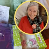 Betty Mcgill beaming on her 90th birthday having received a package of gifts from Tesco delivery drivers picture: supplied