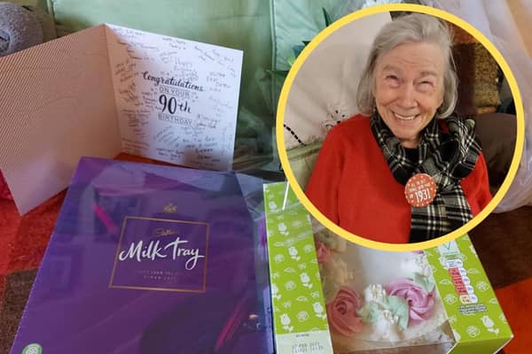 Betty Mcgill beaming on her 90th birthday having received a package of gifts from Tesco delivery drivers picture: supplied