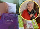 Betty Mcgill beaming on her 90th birthday having received a package of gifts from Tesco delivery drivers picture: supplied