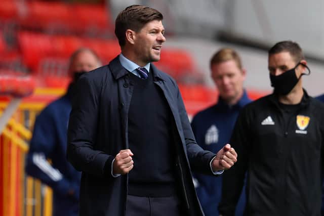 ABERDEEN, SCOTLAND - AUGUST 01: Steven Gerrard, Manager of Rangers FC reacts during the Ladbrokes Premiership match between Aberdeen and Rangers at Pittodrie Stadium on August 01, 2020 in Aberdeen, Scotland. Football Stadiums around Europe remain empty due to the Coronavirus Pandemic as Government social distancing laws prohibit fans inside venues resulting in all fixtures being played behind closed doors. (Photo by Andrew Milligan/Pool via Getty Images)