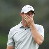 Rory McIlroy reacts to missing a putt on the 18th green during the second round of the 2023 Masters at Augusta National Golf Club. Picture: Christian Petersen/Getty Images.