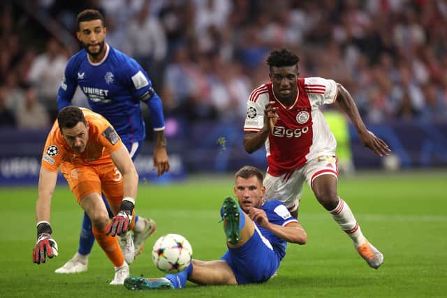 The Rangers defence scrambled to clear as Mohammed Kudus of Ajax goes on the attack. (Photo by Dean Mouhtaropoulos/Getty Images)