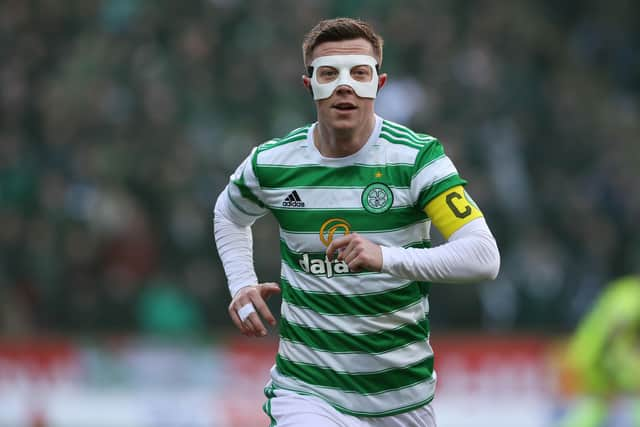 Callum Mcgregor wore a face-mask against Rangers in his first match back since fracturing his cheekbone (Photo by Alan Harvey / SNS Group)