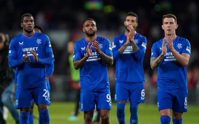 Rangers players Dujon Sterling, Danilo, Connor Goldson and Ryan Jack appear dejected after the UEFA Champions League play-off second leg defeat to PSV Eindhoven. Pic: Tim Goode/PA Wire.