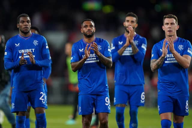 Rangers players Dujon Sterling, Danilo, Connor Goldson and Ryan Jack appear dejected after the UEFA Champions League play-off second leg defeat to PSV Eindhoven. Pic: Tim Goode/PA Wire.