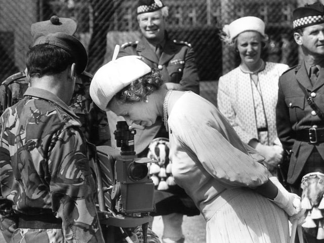 The Queen pictured during a visit to the Argyll and Sutherland Highlanders at Redford Barracks in 1984.