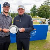 Englishman Sam Bairstow receives the trophy from Paul Lawrie following his one-stroke victory in the Farmfoods Scottish Challenge supported by The R&A at Newmachar. Picture: Kenny Smith/Getty Images.
