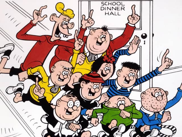 The Bash Street Kids including Fatty - sorry, Freddy - in a dash for their peashooters and catapults to take on the PC brigade