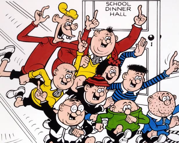 The Bash Street Kids including Fatty - sorry, Freddy - in a dash for their peashooters and catapults to take on the PC brigade