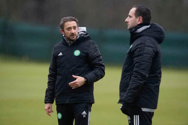Gavin Strachan and  John Kennedy  during a Celtic training session at Lennoxtown. (Photo by Craig Foy / SNS Group)