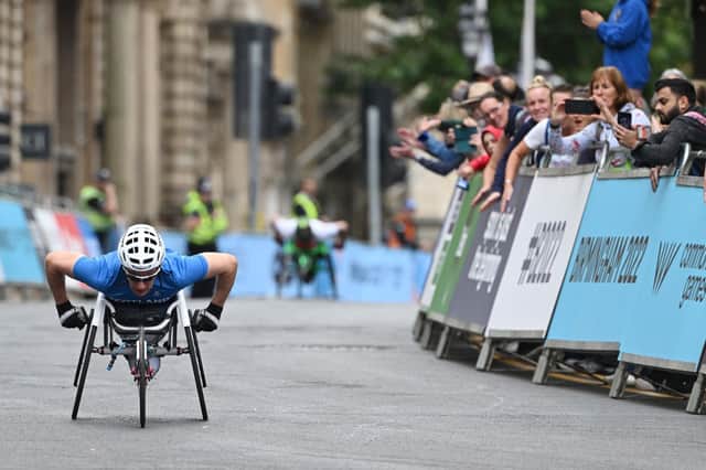 Silver medalist Scotland's Sean Frame competes in the para-men's T53/54 marathon final on day two of the Commonwealth Games at Smithfield in Birmingham, central England, on July 30, 2022. (Photo by Andy Buchanan / AFP) (Photo by ANDY BUCHANAN/AFP via Getty Images)