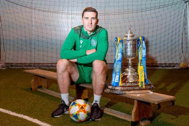 Hibs' Paul Hanlon poses with the Scottish Cup ahead of the weekend semi-final against Hearts. Photo by Mark Scates/SNS Group