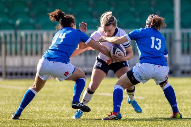 Chloe Rollie, who has joined Exeter, in action against Italy who Scotland will face in the opening match of the World Cup qualifying tournament in Parma. Picture: Ross MacDonald/SNS