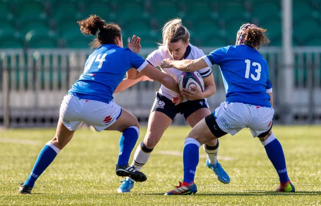 Chloe Rollie, who has joined Exeter, in action against Italy who Scotland will face in the opening match of the World Cup qualifying tournament in Parma. Picture: Ross MacDonald/SNS